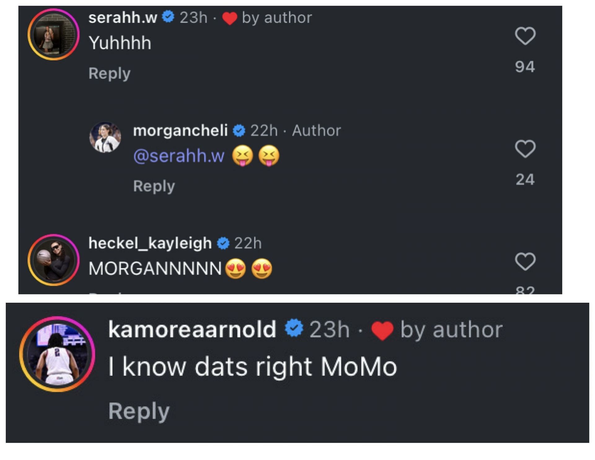 Morgan Cheli's UConn teammates hype her on IG. Image via @morgancheli
